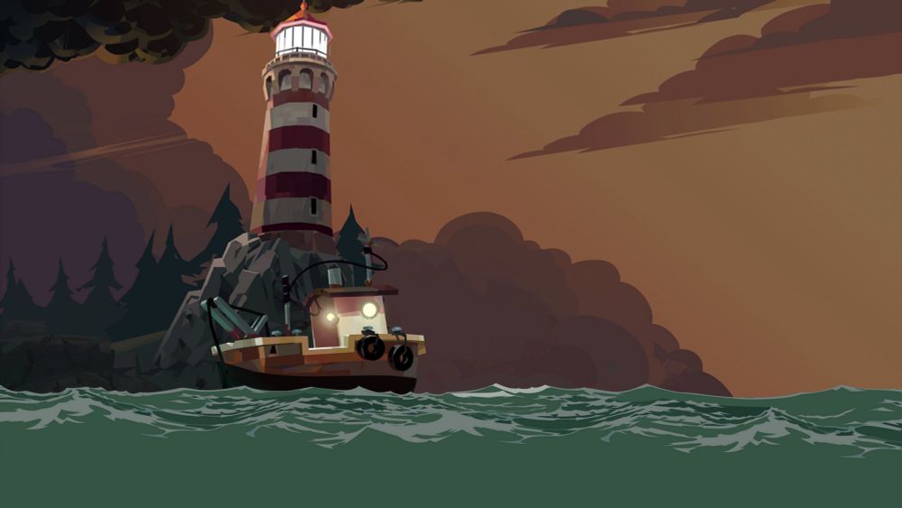 Screen shoot du jeu Dredge, un bateau navigant lumière allumé, un phare au loin.