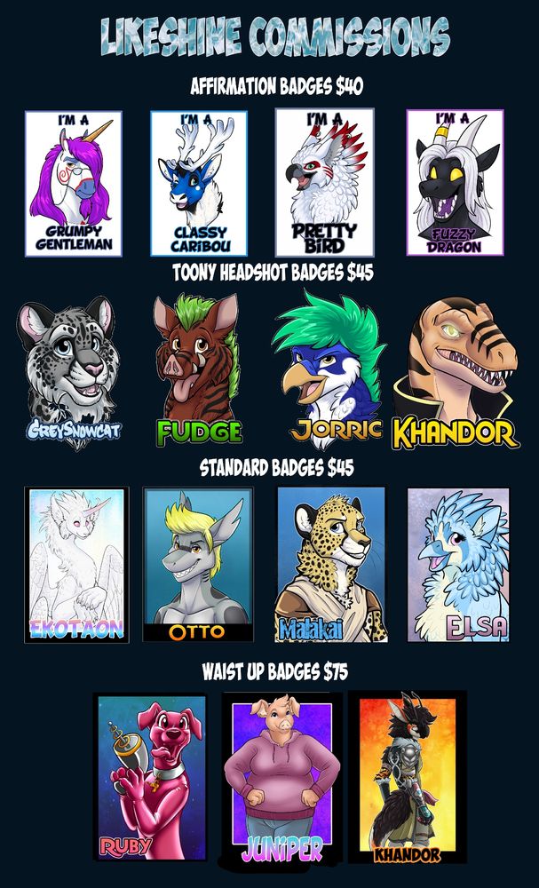 likeshine's price sheet for badges 