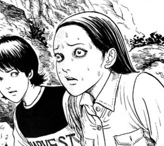 Yoshida, from The Enigma of Amigara Fault, by Junji Ito. She’s sweating and staring at something, looking anxious and disturbed.