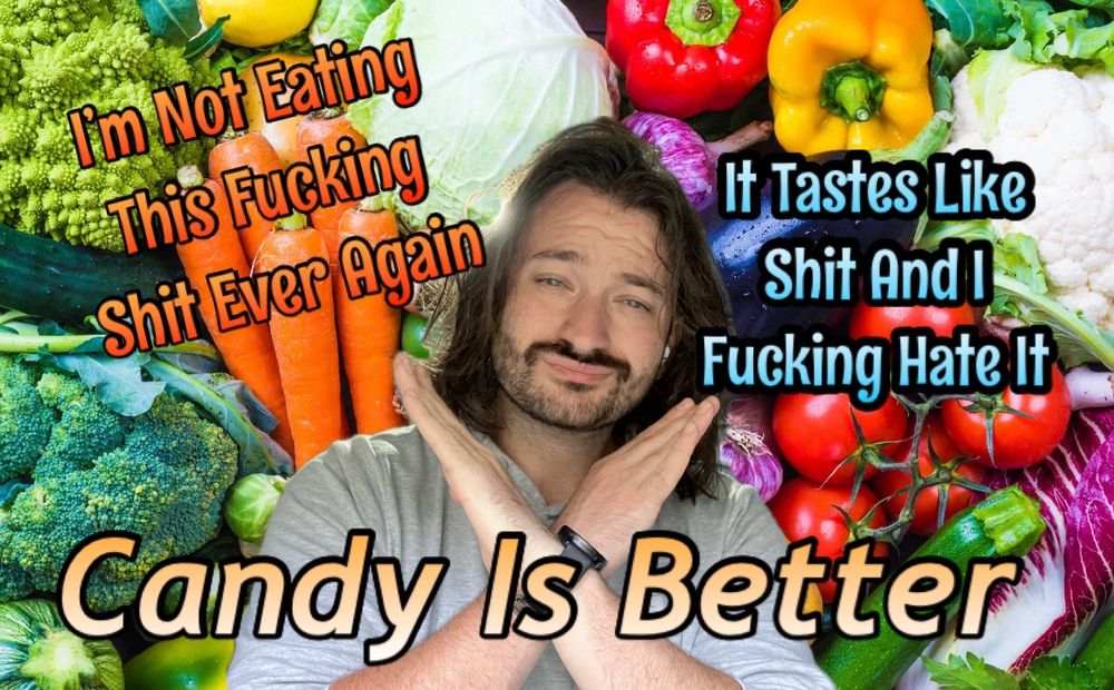 Guy making 🙅‍♂️ gesture over a photo of vegetables. 