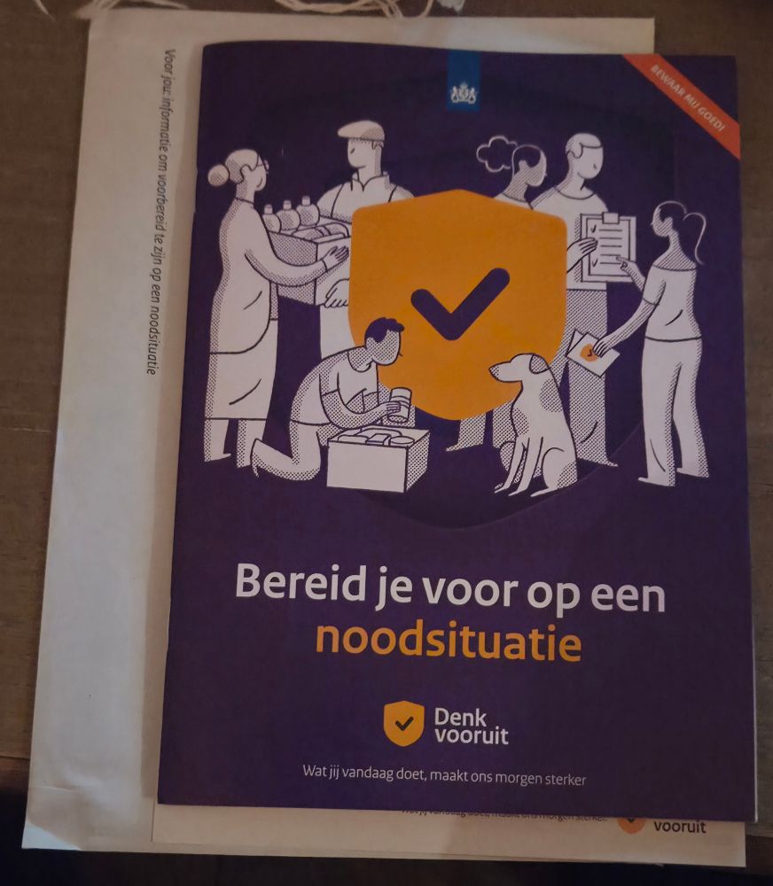 The image displays a public information booklet encouraging people to prepare for emergencies. 
Main message: "Prepare for an emergency".
Slogan: "Think ahead".
Call to action: "What you do today makes us stronger tomorrow".