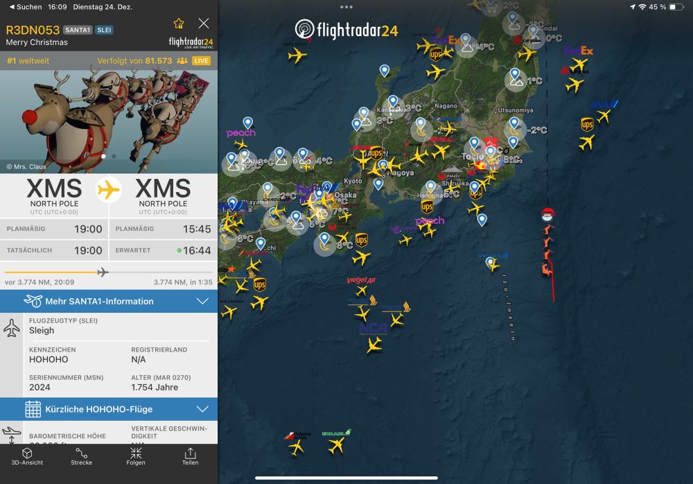Flight Radar 24 screenshgot with Santa‘s sleigh tracking near Japan.