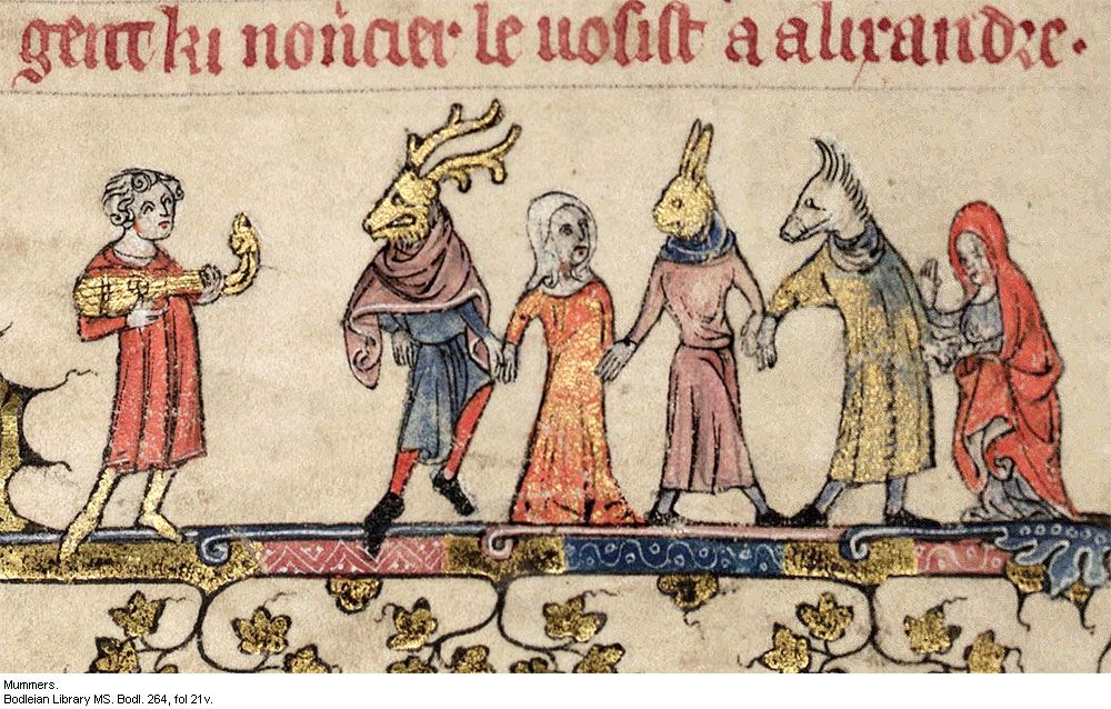 une enluminure qui représente un musicien luthiste accompagnant des danseuses et danseurs avec des masques d'animaux