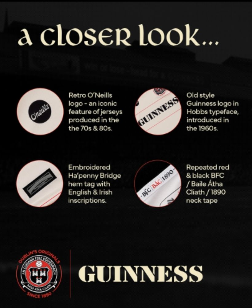 A closer look.

Retro O'Neills logo - an iconi feature of jersey produced in the 70s and 80s.
Embroidered Ha'penny Bridge hem tag with English & Irish inscriptions.
Oldstyle Guinness logo in Hobbs typeface, introduced in the 1960s
Repeated red & balck BFV / Baile Áthe Cliath / 1890 nevc tape.
