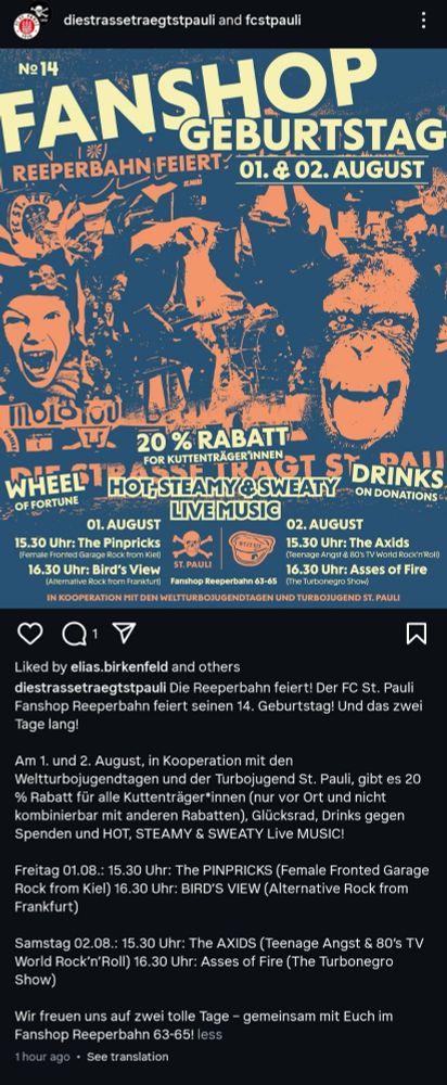 Screenshot von Instagram. Plakat zum Fanshop Geburtstag, das neben Bands auch 20 % für Kuttenträger*innen verspricht.