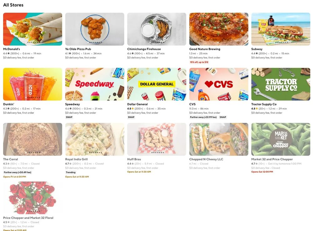 a list of all paces available for delivery with GrubHub if you live rurally