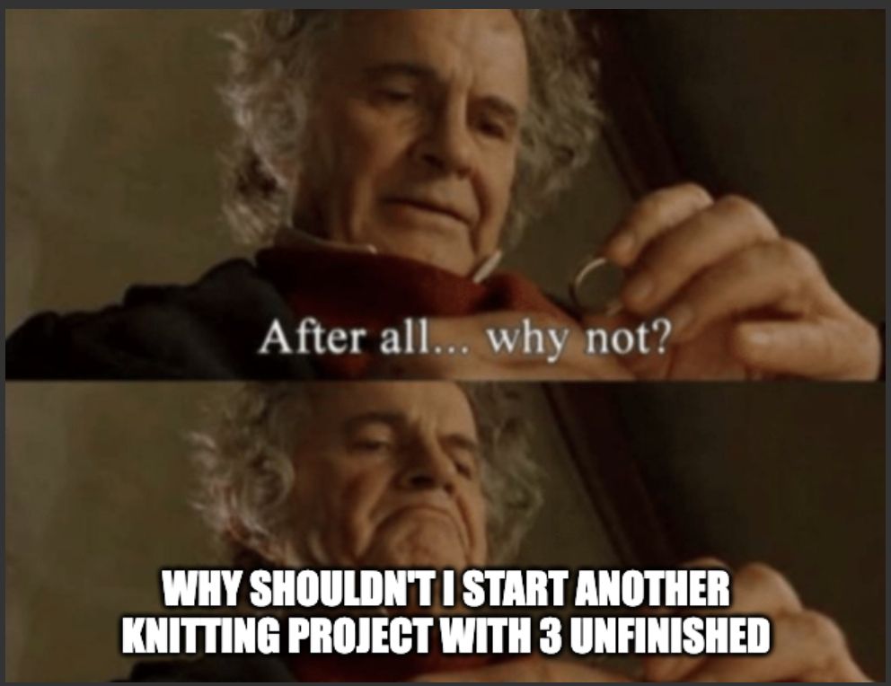 LOTR "After all... why not" meme with "Why shouldn't I start another knitting project with 3 unfinished"