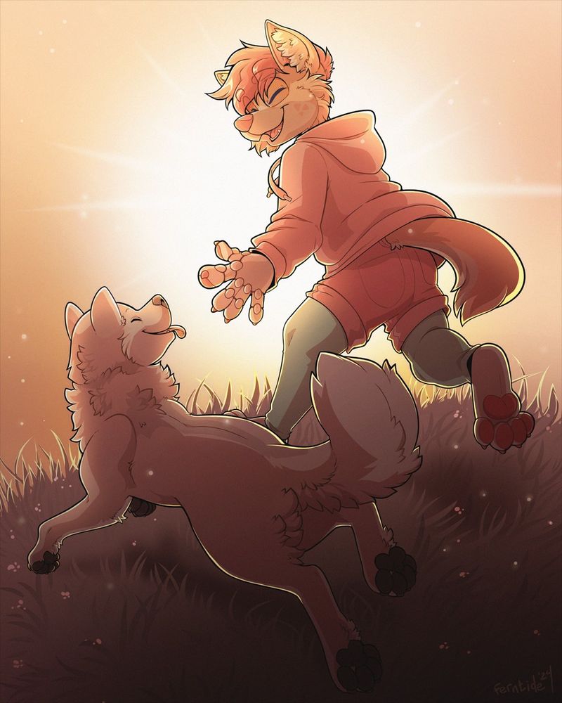 An illustration of Fink (a orange and pink anthro robot husky) happily running towards a sunset on a grassy hill with her pet husky Boon. They're both smiling