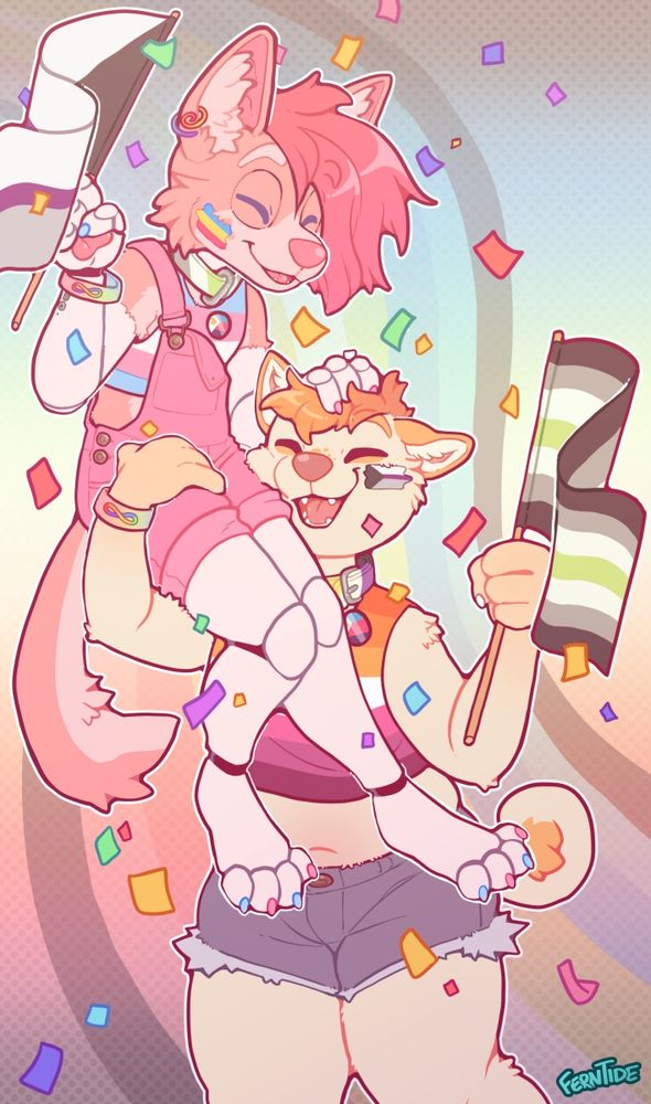 digital art featuring Remi (cream shiba inu) with their partner Fink (robot dog) sitting on their arm while they both wave pride flags. Flags featured are trans, lesbian, pan, agender, polyamorus, demisexual, non-binary, and queer. Also the autism symbol is in there too! 