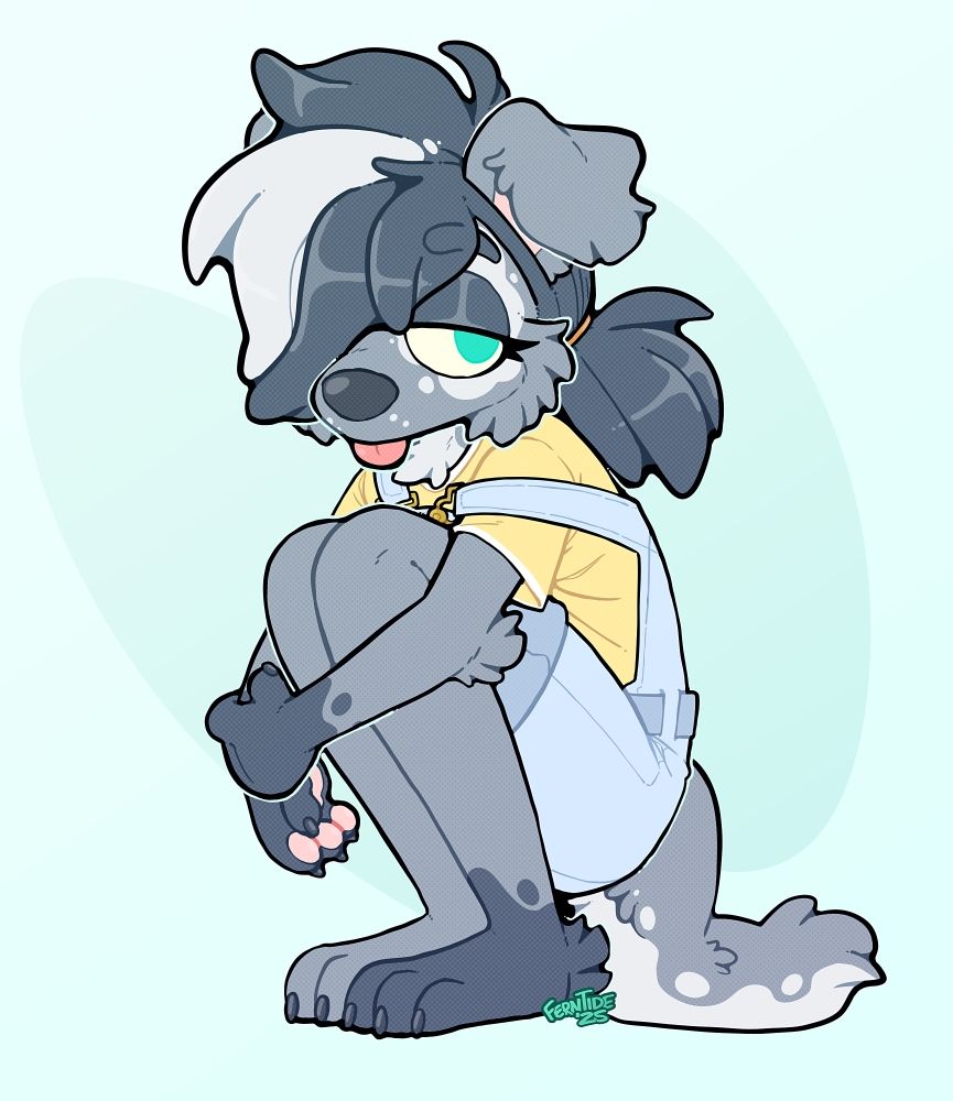 digital art of a grey anthro dog crouching down and hugging her knees. She's wearing a yellow shirt and light blue shortalls and has her hair tied back 