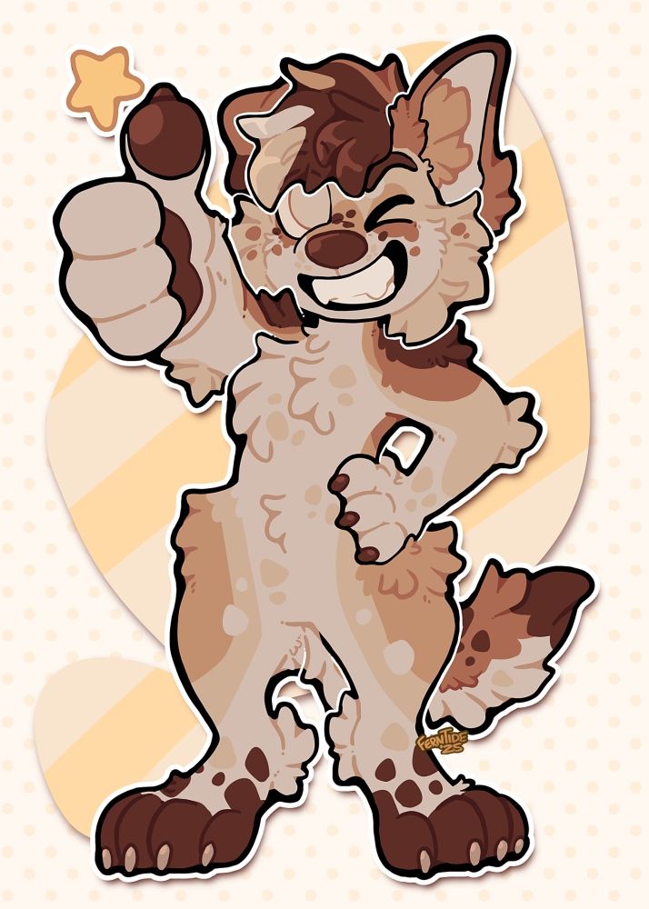 digital art of Finch, an anthro dog, doing a thumbs up motion and smiling