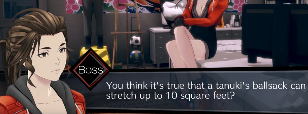 Text from the video game "AI: The Somnium Files", with the character Boss saying, "You think it's true that a tanuki's ballsack can stretch up to 10 square feet?"