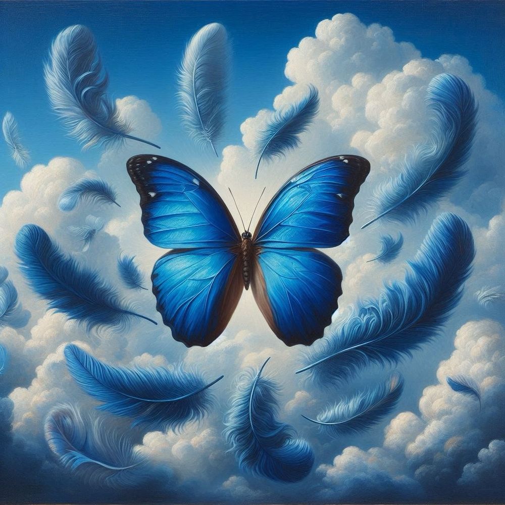 Created with Gemini AI. Show a blue Butterfly (representing BlueSky) on the center and surrounded by blue feathers (representing Twitter) on a blue sky background.