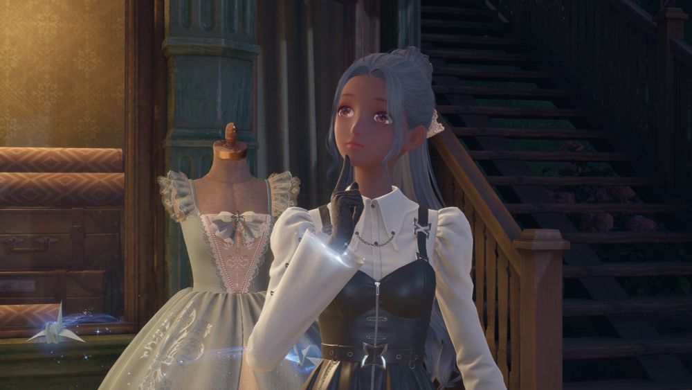 A screen grab from Infinity Nikki of Nikki deepn in thought while wearing a white formal top with a black dress over it, grey up-do hair, black gloves, and a bow.