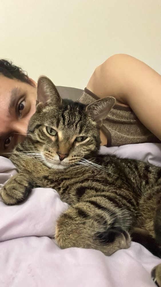 A photo of me and my pet tabby cat.