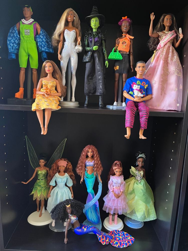 A photo of my black Barbie & Disney dolls.