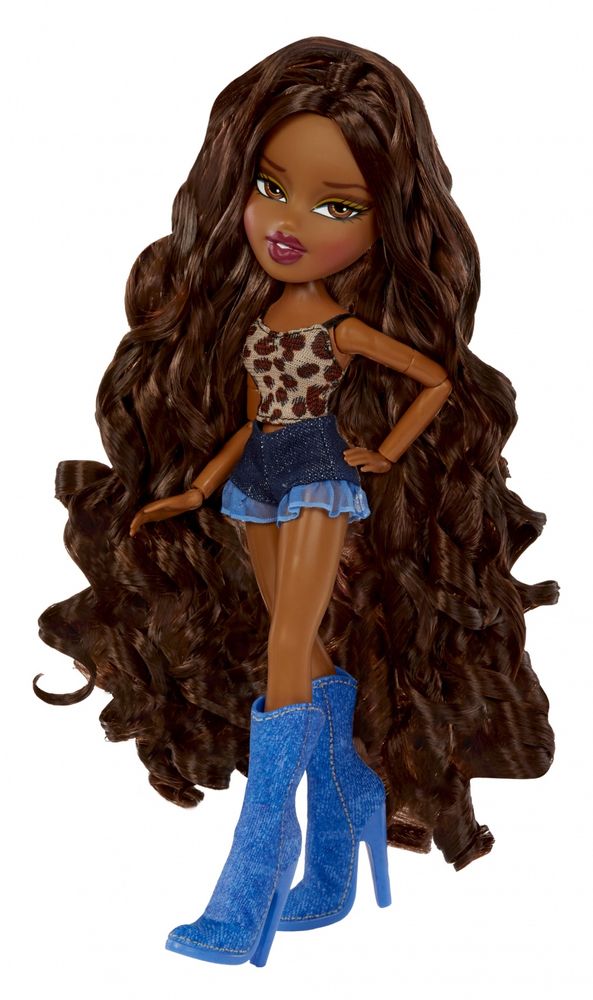 A glam shot of Bratz Goin’ Out Sasha doll wearing a leopard print tank top, denim flared shorts, denim boots, & hair styled with curls and a half up/down pony tail.