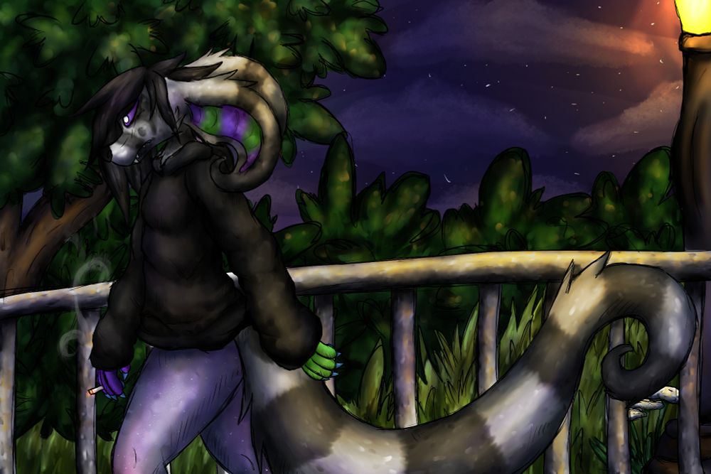 A digital painting showing an anthropomorphic crux with grey and silver striped fur walking along a lighted path at night. She's wearing a black hoodie and pastel leggings, long tail trailing out behind her, backlit by a streetlight. Her expression is somber, and she holds a cigarette in her hand. The art is stylized and not realistic.