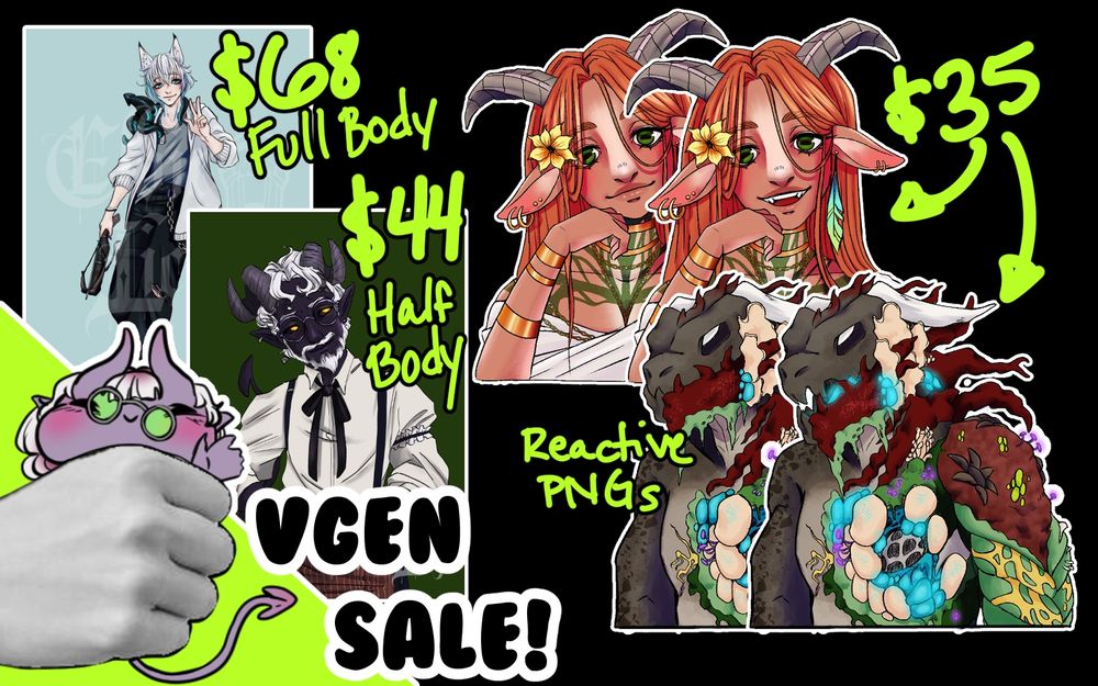 Vgen sale advert, $68 full body illustrations, $44 half body illustrations, $35 dollar reactive pngs