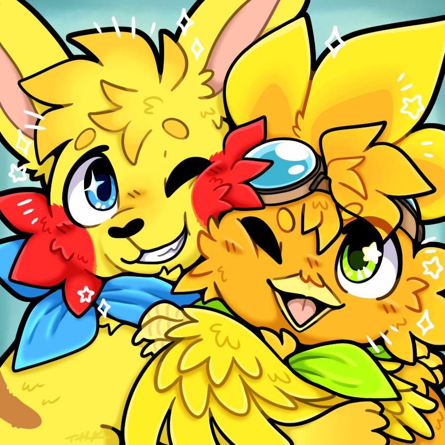 An icon featuring Robin the pikachu and Sparky the torchic hugging each other, their faces squished together in order to fit into the frame.