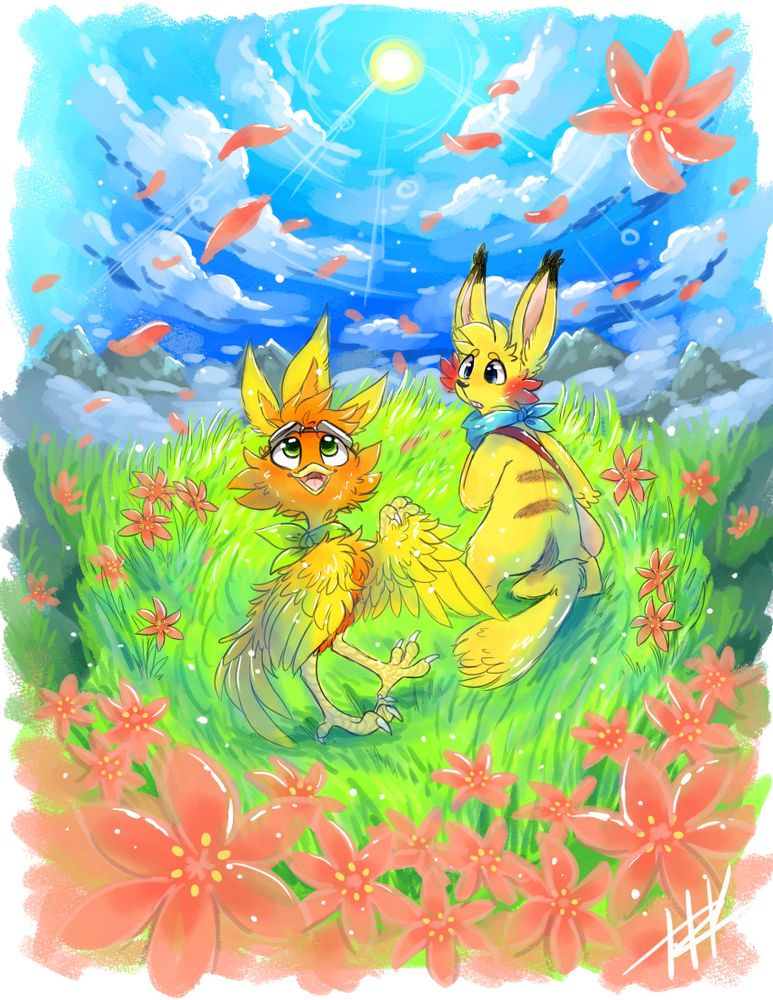 A pikachu and a torchic stand in a grassy meadow atop a high mountain peak, staring in awe at the numerous gracidea flowers surrounding them.