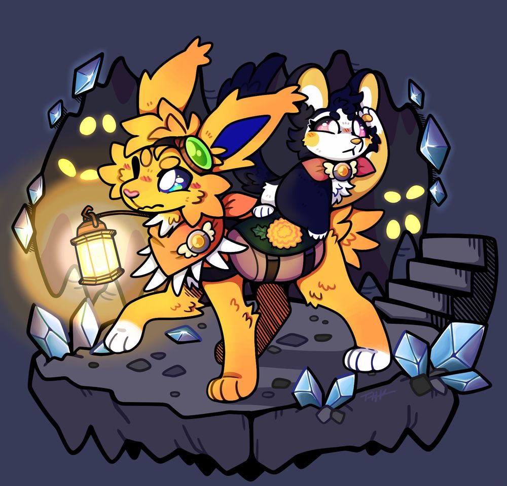 A jolteon and an emolga are exploring a cave-like dungeon, pokemon mystery dungeon style!