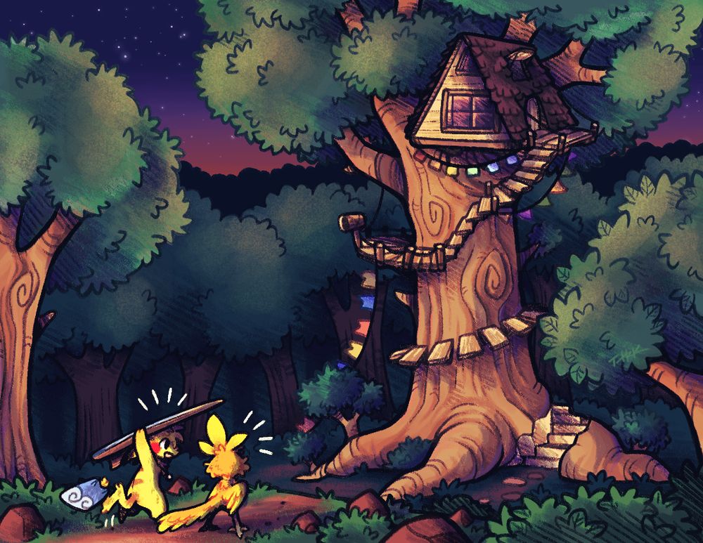 The pikachu and torchic are walking towards a large tree with an A-frame treehouse nestled into its crown. Wooden steps jut out and spiral up along the trunk towards it.