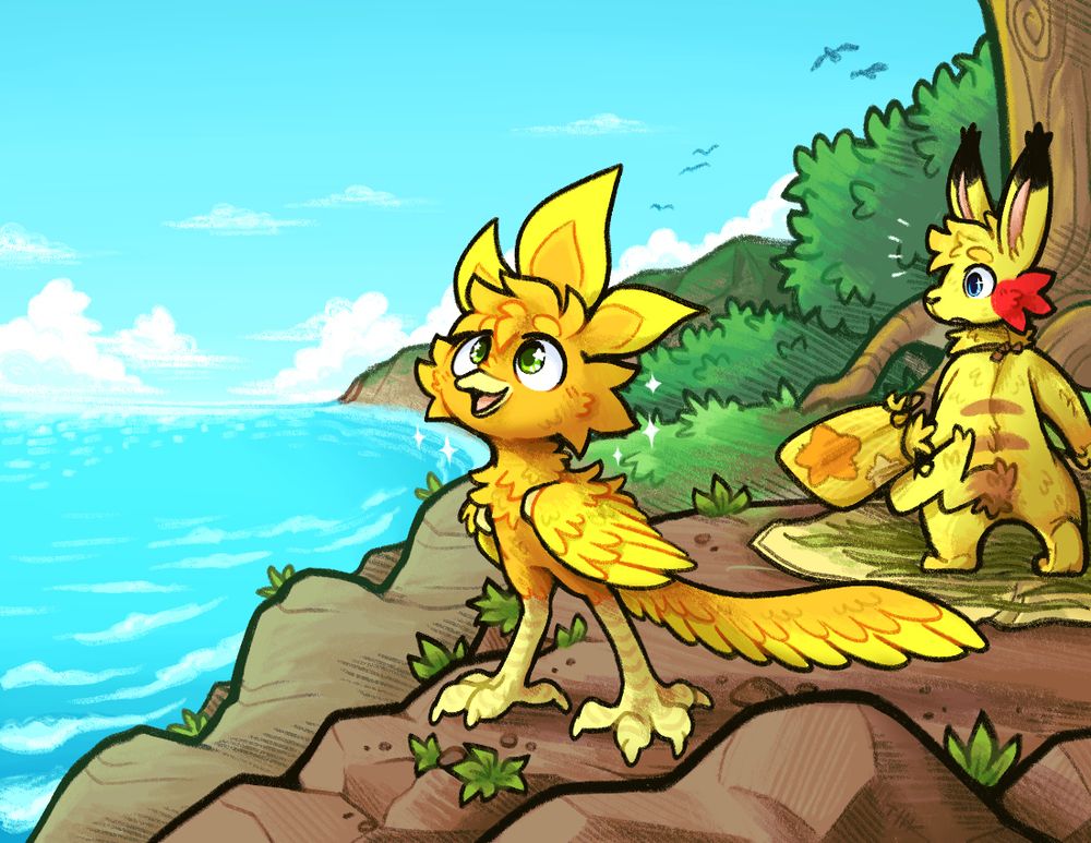 The torchic stands on the cliff's edge, staring in awe at the sea and blue sky ahead of her. The pikachu is in the background, turning his head to see what she's doing.