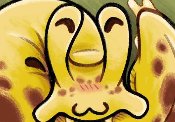 A close up of an illustration of a happy banana slug!