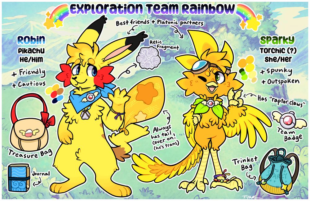 A character reference sheet for Exploration Team Rainbow, with Robin the Pikachu and Sparky the Torchic. Robin is trans, wears a tail cover, and uses he/him pronouns; Sparky has a raptor claws on her wings and a long, feathery tail like an archaeopteryx, and uses she/her pronouns.