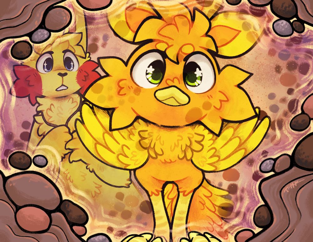 A torchic stares curiously down at her reflection in a tidepool, while a pikachu watches from behind in mild confusion.