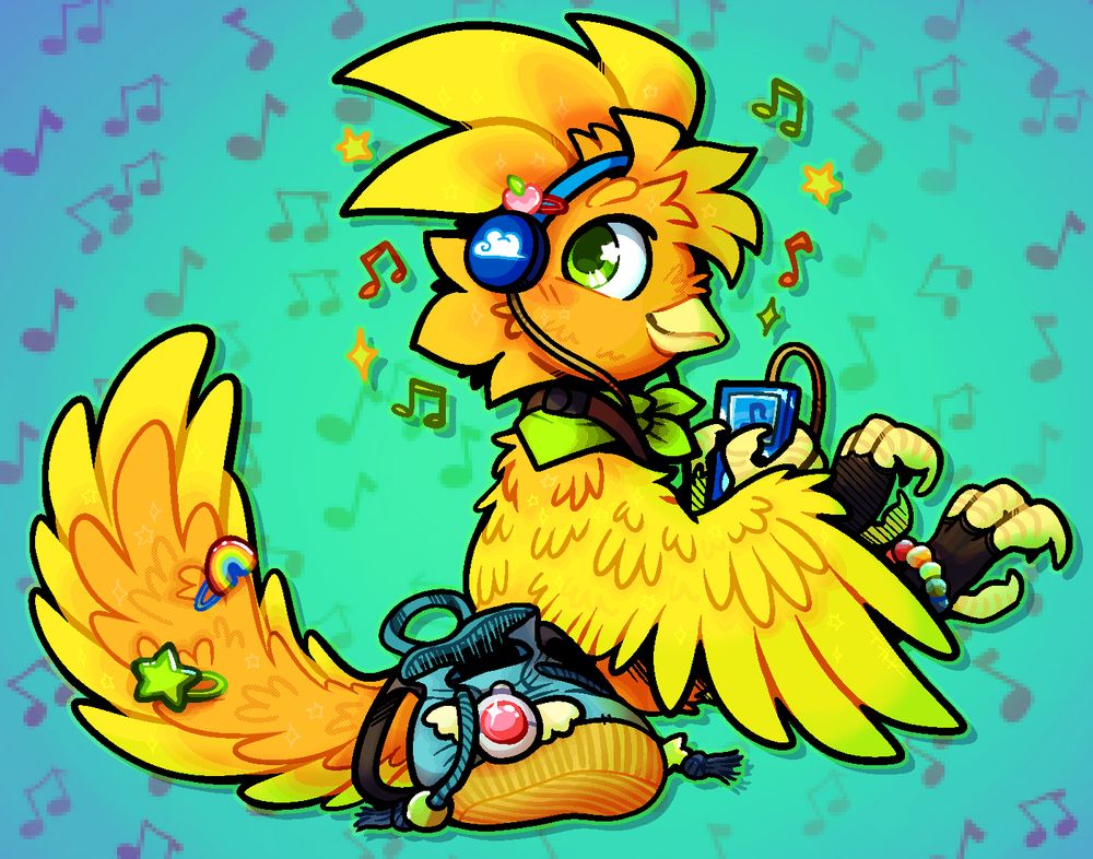 A drawing of a torchic with a long, feathery tail sitting with headphones on and an MP3 player in her claws.