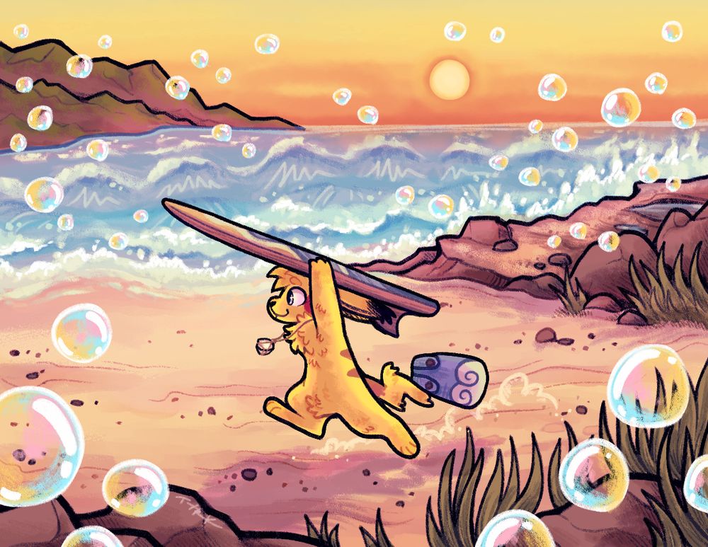 A pikachu dashes across a sandy beach, carrying a surfboard over his head. The sun is setting in the distance and bubbles fill the air.
