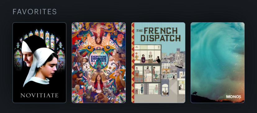 Movies: Novitiate, Everything Everywhere All At Once, The French Dispatch, Monos.