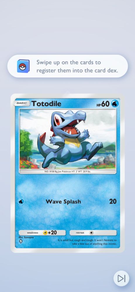 Totodile from the Wisdom of Sky and Sea set in Pokémon TCG Pocket, happily running along.
Illustrated by kawayoo