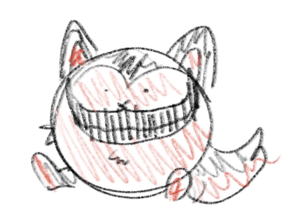 A doodle of Smiledog grinning from ear to ear sitting with it’s legs out, its body shaped like a ball.