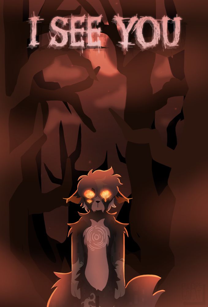 Wander staring hauntingly directly in front of itself, shrouded in an orange mist deep in a forest with trees barren of leaves. The text ‘I See You’ sits near the top of the piece in varying levels of transparency.