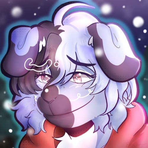 A blue dog happily looking at something warm out of frame in a forest while it’s snowing.