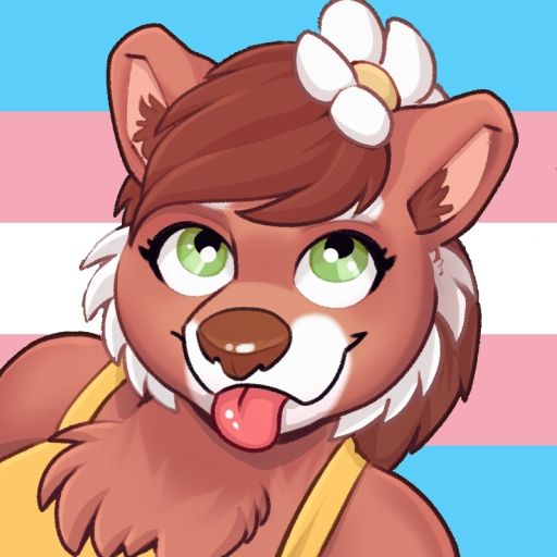 Lily the red panda headshot with a trans pride background. Illustrated by Jen Pallante