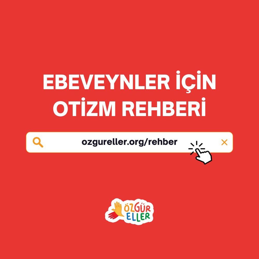 Ebeveynler için otizm rehberi başlığı altında arama motoru barına benzetilmiş alanda rehber linki bulunuyor. Üzerinde imleç ikonu bulunmakta. En altta Özgür Eller logosu konumlandırılmış.