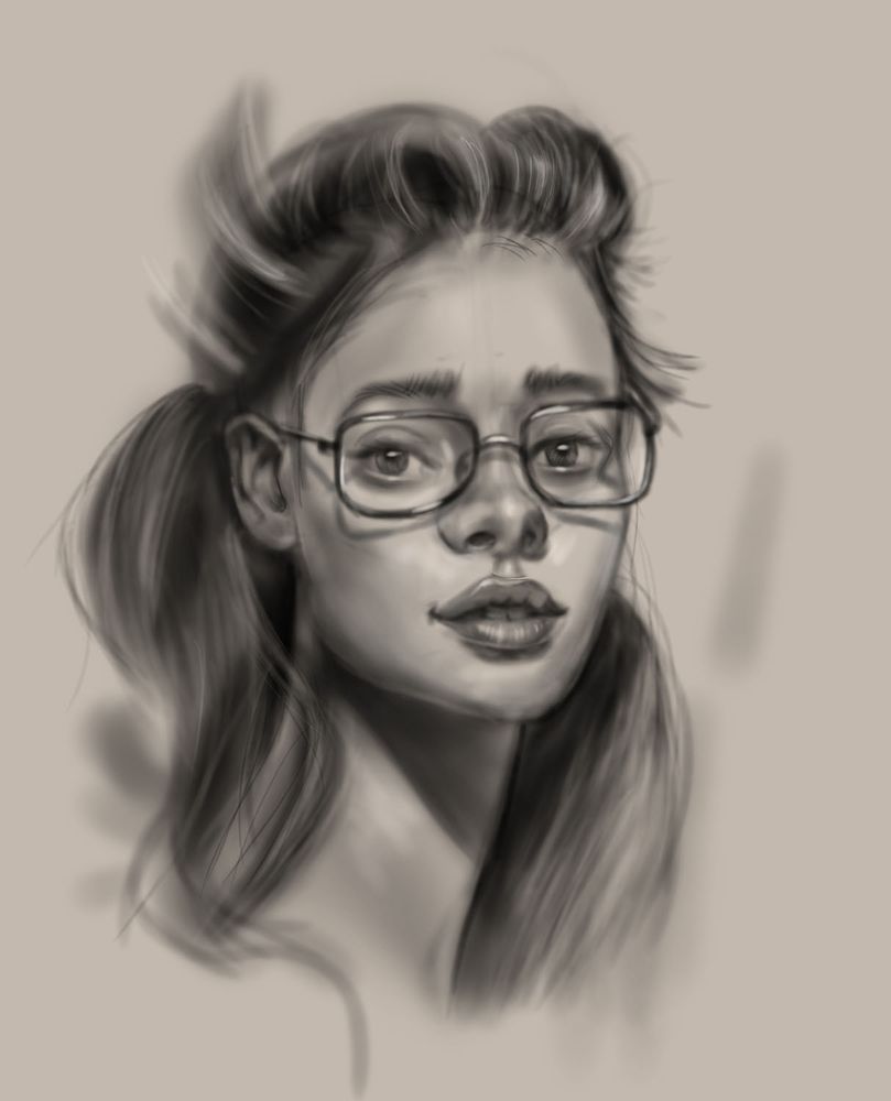 It's a drawing of the girl wearing glasses.