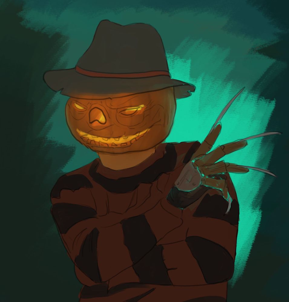 W.I.P. digital painting of a Halloween-themed character with a jack-o’-lantern head, wearing a dark red striped sweater and a fedora hat. The figure has metal claws on one hand and a mischievous glowing grin, lit by eerie green and orange light.