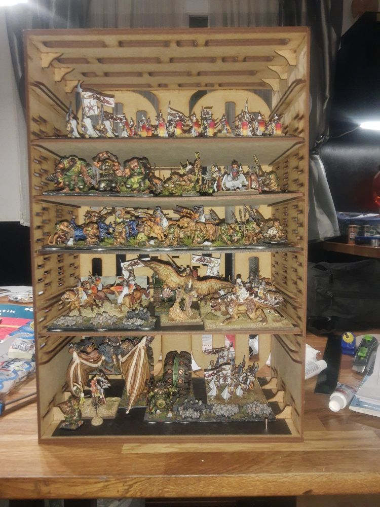 An Elve and Ratkin Army on magnetic sheets inside a wooden box to go into a flight case