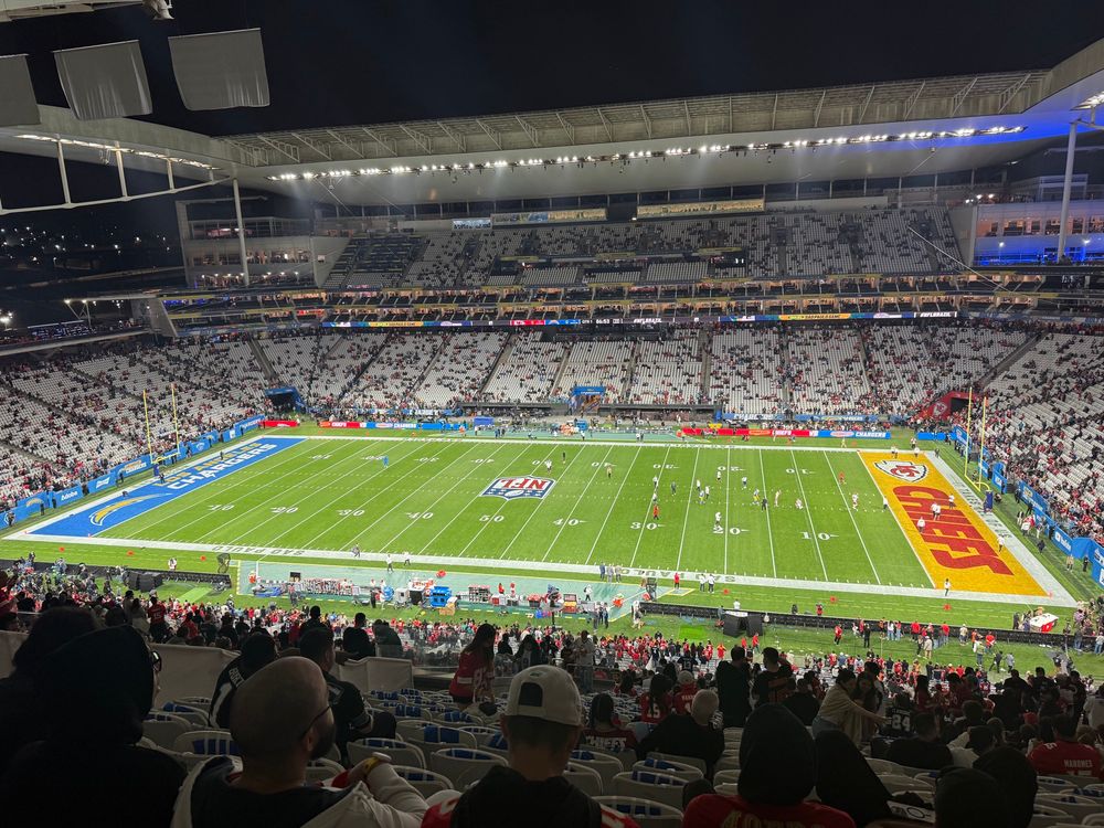 Picture of a football field with chargers and chiefs in end zone