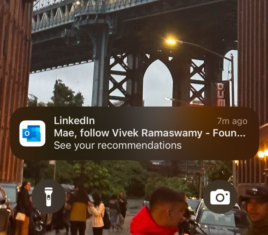 a screenshot of an email alert from LinkedIn that says “Mae, follow Vivek Ramaswamy”