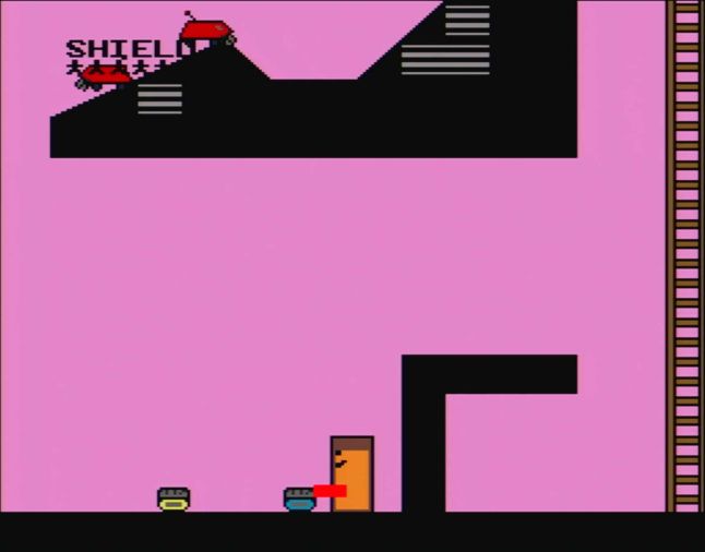 An orange rectangular player with a red hitbox has flipped over two enemy cleaning bots.