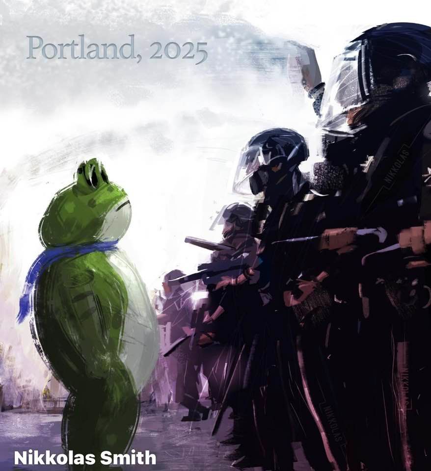 the Portland frog facing a line of armed ICE