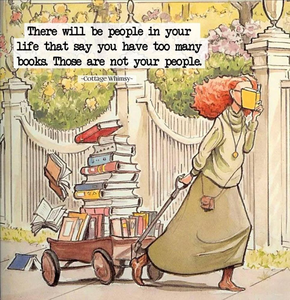 a woman pulling a cart full of books
