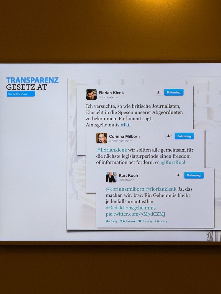 3 Tweets von Florian Klenk, Corinna Milborn und Kurt Kuch aus dem Jahr 2011, die die Abschaffung des Amtsgeheimnisses fordern und in Folge mit den Anstoß zu trandparenzgesetz.at gaben 