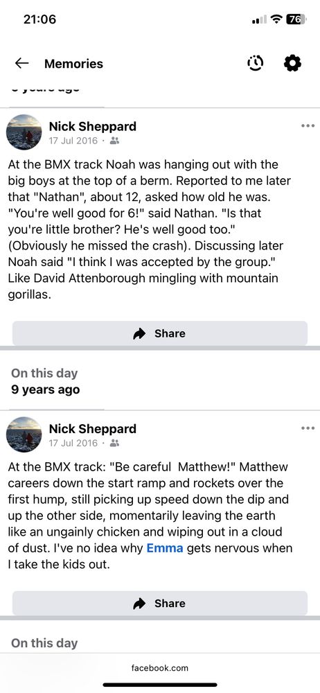 At the BMX track Noah was hanging out with the big boys at the top of a berm. Reported to me later that "Nathan", about 12, asked how old he was. "You're well good for 6!" said Nathan. "Is that you're little brother? He's well good too." (Obviously he missed the crash). Discussing later Noah said "I think I was accepted by the group." Like David Attenborough mingling with mountain gorillas.

At the BMX track: "Be careful  Matthew!" Matthew careers down the start ramp and rockets over the first hump, still picking up speed down the dip and up the other side, momentarily leaving the earth like an ungainly chicken and wiping out in a cloud of dust. I've no idea why Emma gets nervous when I take the kids out.

